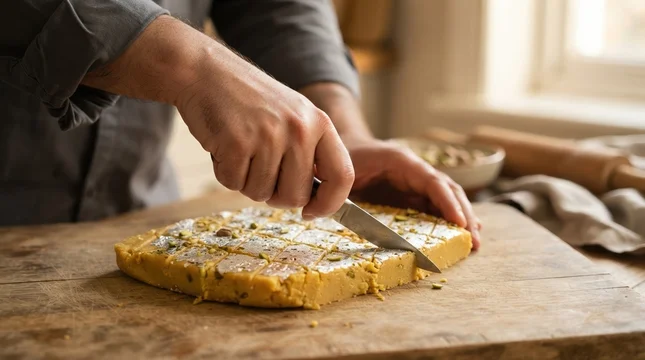 Person Cutting Traditional Indian Kaju Katli Sweet with Silver Leaf on Wooden Board for Festive Celebration