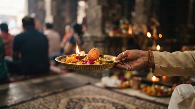 Hindu devotee holding a brass prayer plate with lit diya lamp and coconut during a traditional temple worship ceremony