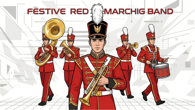 Marching band parade illustration with musicians in traditional red uniform playing trumpet trombone and drums vector banner
