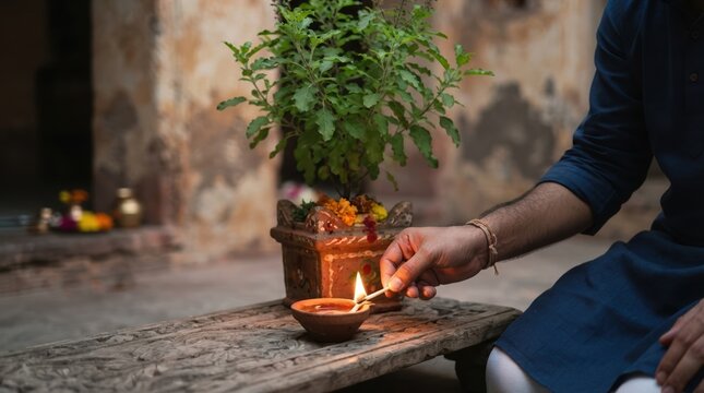 Indian man lighting traditional diya lamp in front of sacred Tulsi plant for Hindu prayer ritual at home