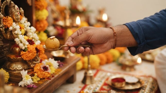 Indian man offering laddu sweet to Hindu deity statue during home puja ritual for spiritual blessing and prosperity