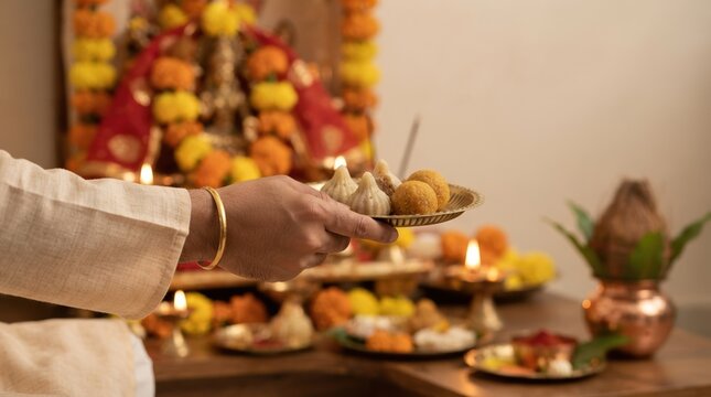 Indian man offering traditional sweets modak and laddu during hindu puja ritual at home shrine