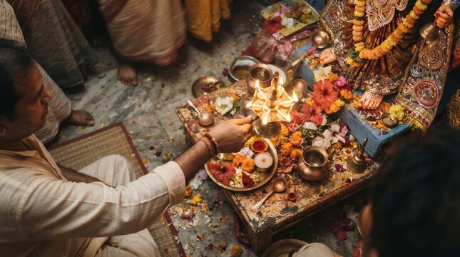 Indian man performing traditional Hindu aarti ritual with lit oil lamp before deity statue during religious ceremony