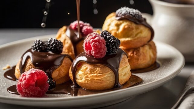 Chocolate glazed profiteroles filled with vanilla cream, served with fresh berries. Close up dessert scene with rich texture, elegant plating and gourmet presentation.