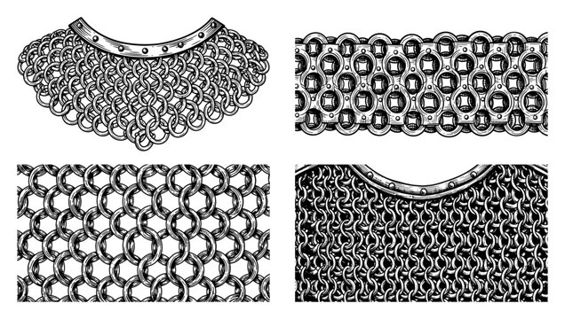 Medieval chainmail armor textures set vector illustration, knight ringmail patterns and gorget in detailed retro engraving style, historical protection