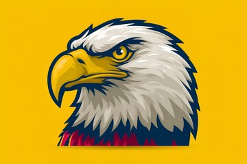 Fototapeta premium Stylized head of a powerful bald eagle mascot with a determined expression on a vibrant yellow background, perfect for a sports team or brand logo