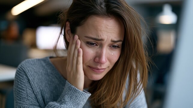 Woman crying with hand on her face, showing deep sadness and emotional pain