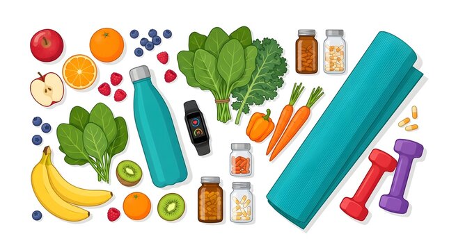 Healthy lifestyle flat lay with fitness equipment and fresh organic food, yoga mat with dumbbells and water bottle, nutritious vegetables and fruits
