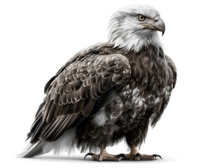 Obraz premium Majestic eagle with white head and brown feathers standing gracefully against a pure white background