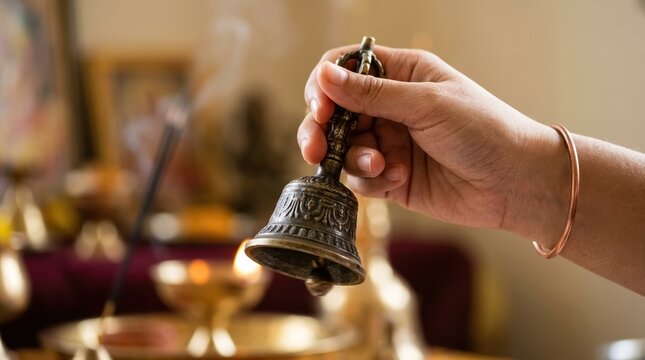 Hand holding traditional brass bell during Hindu puja ritual for spiritual worship and meditation practice