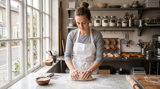 Young female artisan baker kneading fresh bread dough on marble countertop in professional kitchen