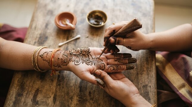 Professional Henna Artist Applying Intricate Mehndi Design on Indian Woman Hand for Traditional Wedding Ceremony