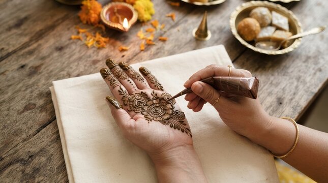 Close up of Indian woman applying intricate henna mehndi design on hand for traditional festive celebration