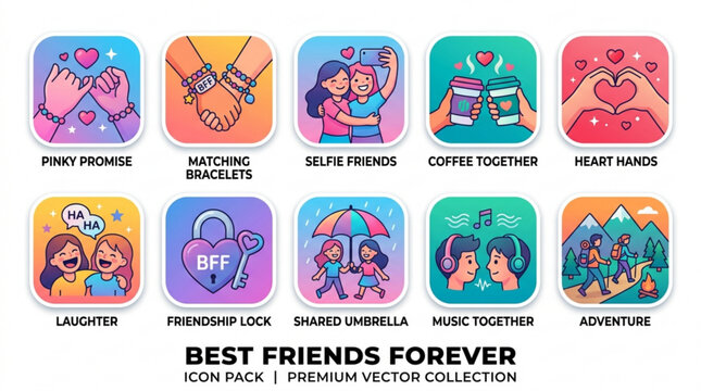 Best friends forever icon pack featuring ten colorful vector illustrations of friendship activities
