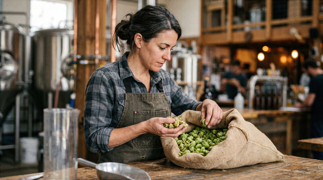 Female brewer inspecting fresh green hops from a burlap sack in a craft microbrewery