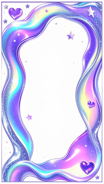 Holographic liquid frame with Y2K aesthetic, purple wave border and cute stars.