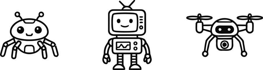 Naklejka premium Cute robot, insect and drone illustrations