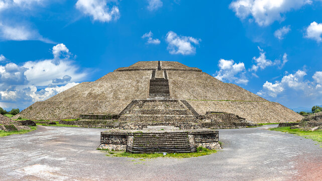 Ancient stone steps rise up the Pyramid of the Moon in Teotihuacan, one of Mexico most iconic pre-Hispanic ceremonial monuments and a UNESCO World Heritage archaeological site
