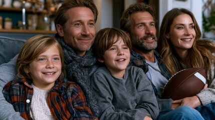 Fototapeta premium Happy family watching football game together on the couch