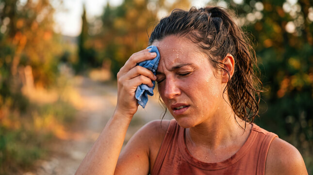 Woman wiping sweat from brow in summer heat while walking along a dusty path under warm sunlight. Scene captures exhaustion and resilience as she cools down with a cloth.