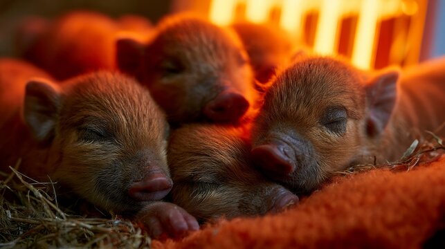 Adorable newborn piglets huddled together sleeping warmly under a heat lamp