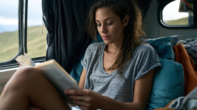 Young woman reading a book while relaxing inside a camper van