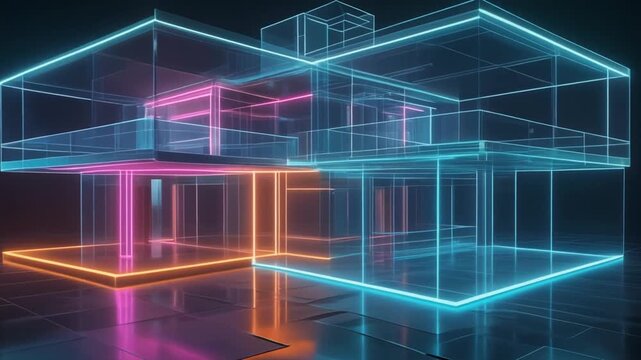 ネオンブルーのホログラム住宅模型が暗い床に反射し未来建築の透明な輪郭を描く
