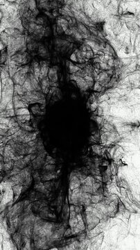 Vertical Black Hole Particle Explosion Abstract 4K Loop features a black hole in the center of a white atmosphere with particles flowing out like tentacles in a vertical ratio loop. 