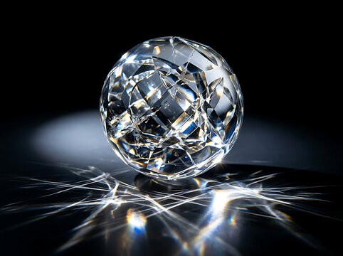 abstract 3d crystal glass sphere, dramatic light refraction, deep black background, bright caustic light effects, luxury minimal composition, commercial stock photo, high resolution