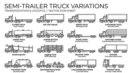 Semi-Trailer Truck Variations: Transportation and Logistics Vector Icons © purnama