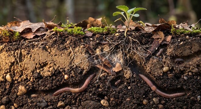 Soil Food Web Cutaway With Roots Fungi Worms And Leaf Litter