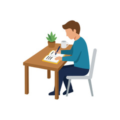 Fototapeta premium Flat vector illustration of person writing in diary or journal, self-reflection and note taking