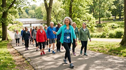 Fototapeta premium Diverse group of seniors enjoying a brisk walk in a sunny park