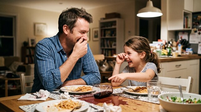 Father and daughter laughing together during a messy spaghetti dinner at home