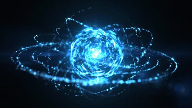 Abstract blue glowing nucleus animation shows flowing energy in motion and light, creating a dynamic visual effect for viewers to enjoy