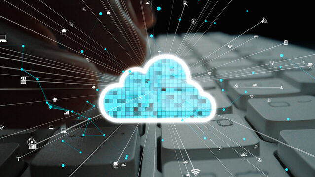 This image captures an abstract digital cloud concept, featuring a glowing cloud symbol above a keyboard, representing data transfer and technological connectivity. Xenic