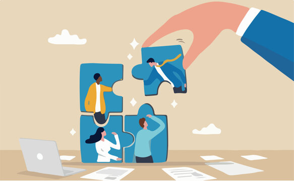 New joiner fill in team and solve problem, teamwork to get solution, put right man in the right job to fit job description concept, businessman hand HR put new joiner to connect jigsaw puzzle