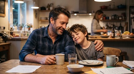 Fototapeta premium Father and son share a tender moment at the kitchen table