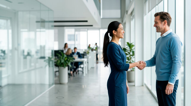 Lady boss welcoming new employee with a handshake in a modern office. Professional Asian businesswoman and Caucasian man smiling during a corporate meeting. Business agreement and hiring concept