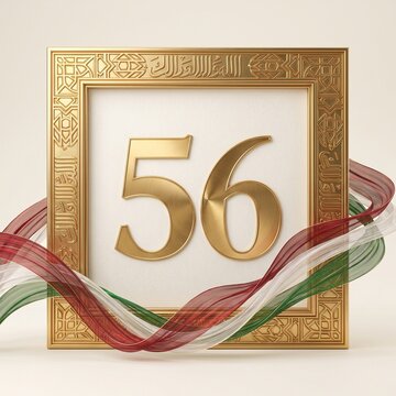 Golden number 56 in ornate frame, luxury anniversary celebration concept, 56th birthday commemorative illustration with red and green ribbons