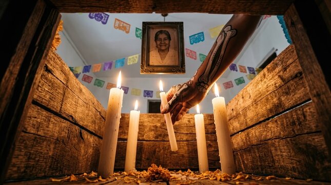Hand with skeleton makeup lighting candles for altar to honor deceased elderly woman on memorial day