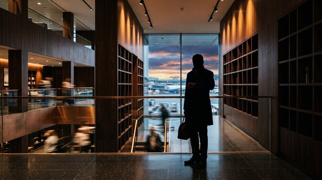 Businessman Standing at Airport Window at Sunset