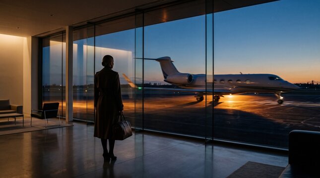 Business Woman Watching Aircraft at Airport Terminal