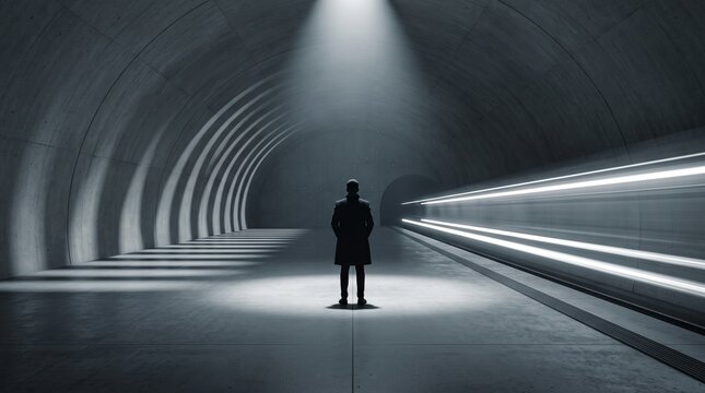 Solitary Figure Standing in Modern Tunnel