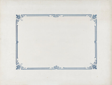 Vintage elegant blue ornate border frame on old paper background. Antique certificate sheet texture template with subtle stains and blank copy space for wedding invitation layout mockup.