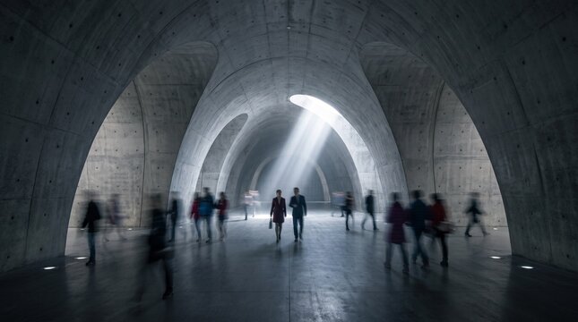 People Walking Through Modern Concrete Tunnel with Light