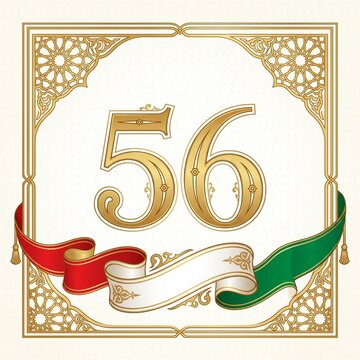 Vintage gold number 56 on white background, elegant 56th anniversary celebration emblem, ornate golden frame with red and green ribbons