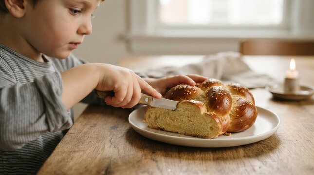 Young Caucasian Boy Cutting Fresh Braided Challah Bread at Home Table for Shabbat Dinner Celebration