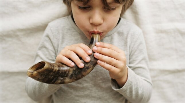 Young boy blowing a traditional shofar horn for Jewish religious holiday celebration and spiritual ritual practice