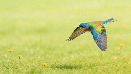 Obraz premium Colorful bird in flight over grass